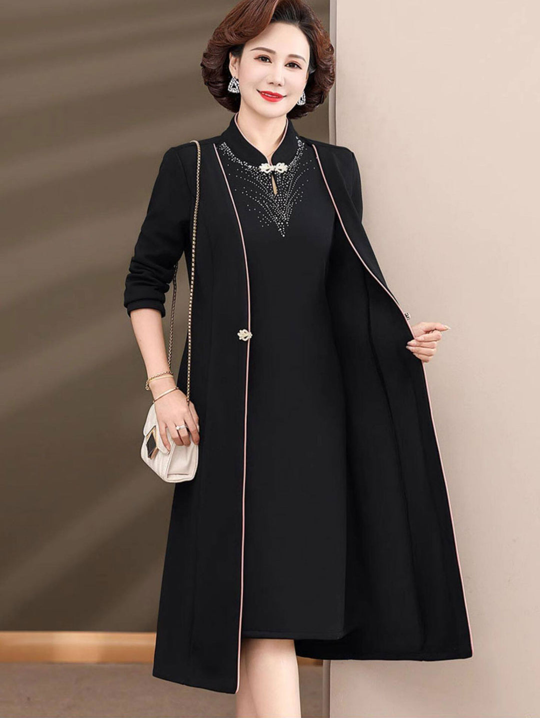 2 Pieces Red Black Mothers Qipao Cheongsam Dress & Coat