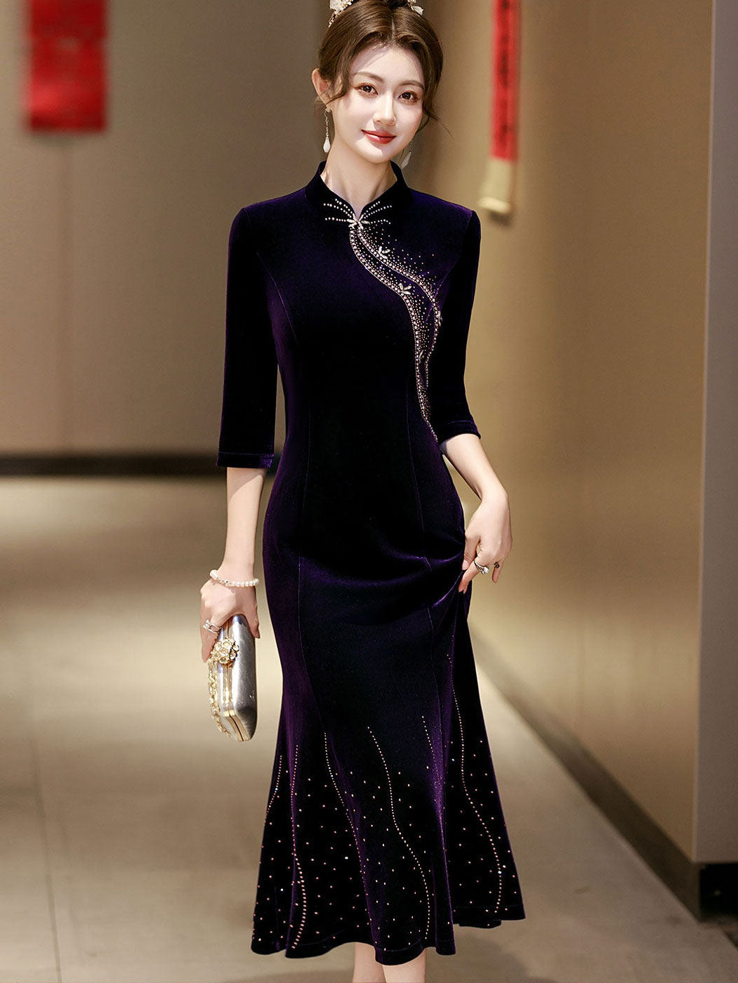 Red Purple Beads Velvet Midi Fishtail Cheongsam Qipao Dress