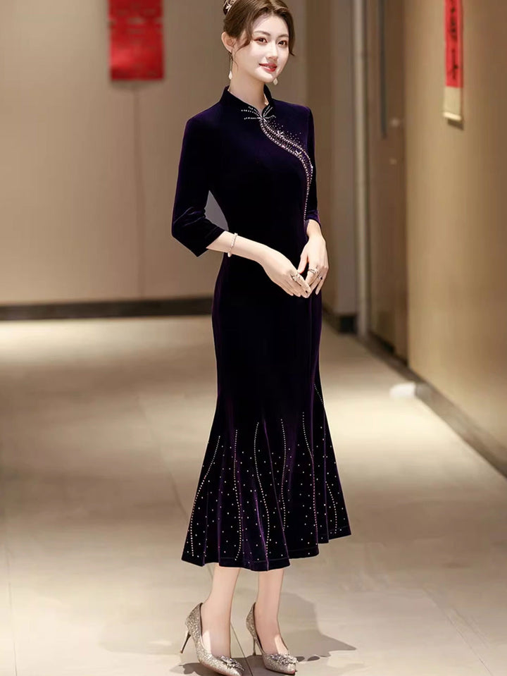 Red Purple Beads Velvet Midi Fishtail Cheongsam Qipao Dress