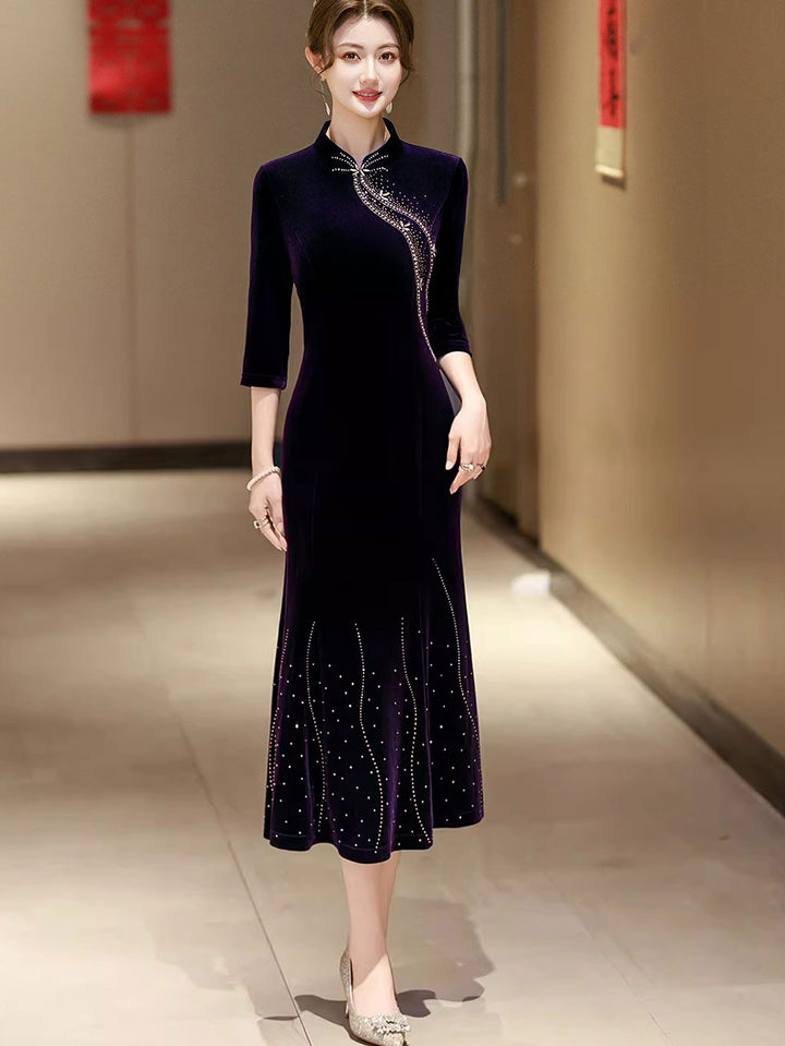 Red Purple Beads Velvet Midi Fishtail Cheongsam Qipao Dress