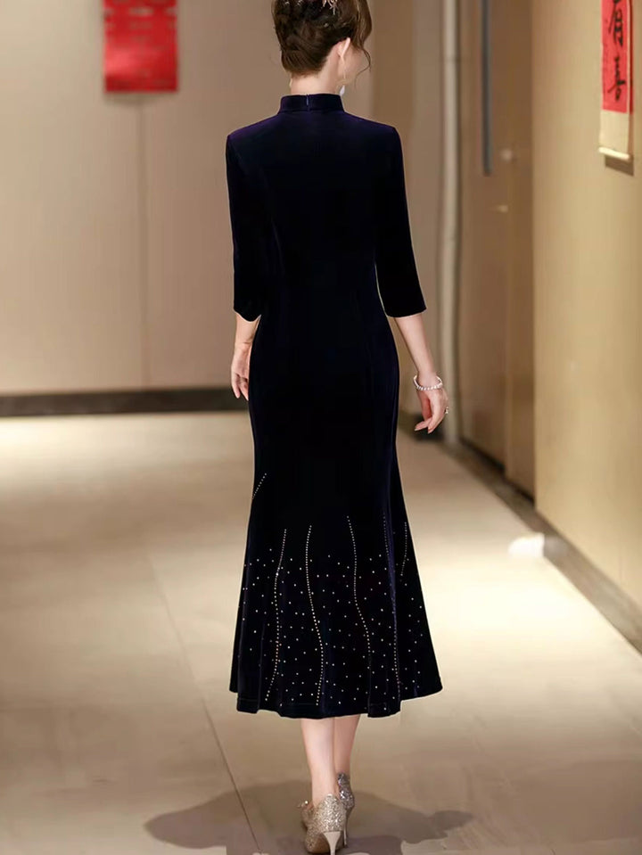 Red Purple Beads Velvet Midi Fishtail Cheongsam Qipao Dress