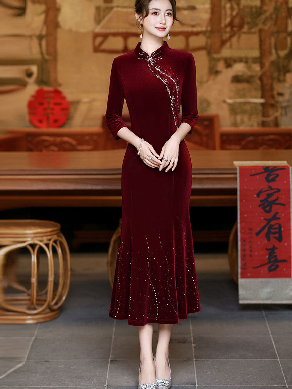 Red Purple Beads Velvet Midi Fishtail Cheongsam Qipao Dress