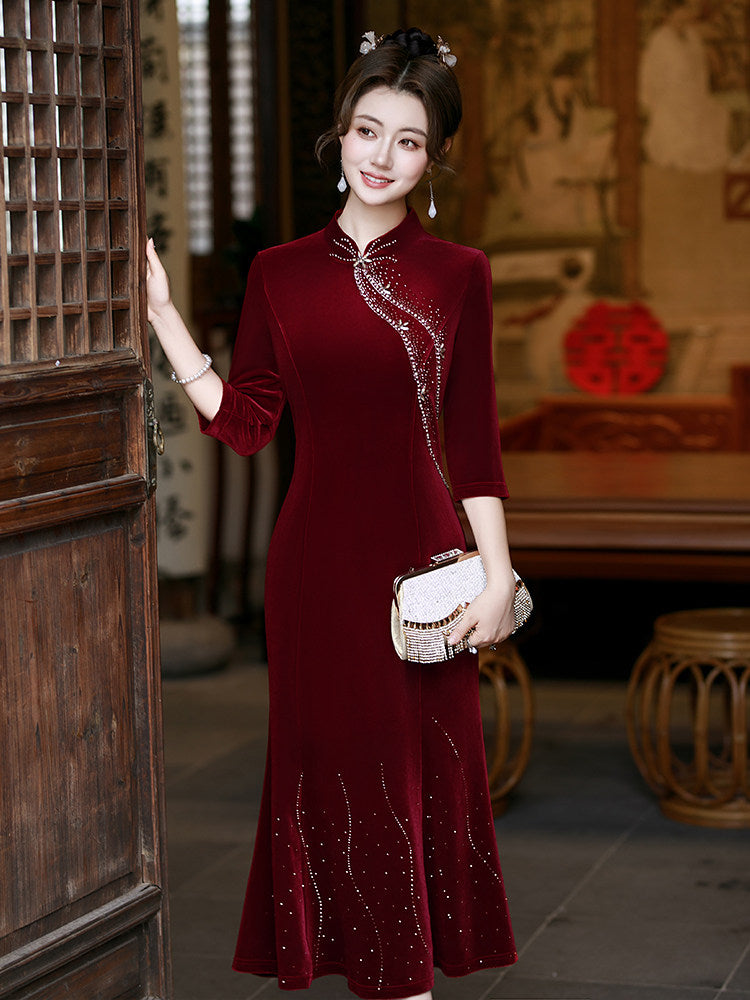 Red Purple Beads Velvet Midi Fishtail Cheongsam Qipao Dress