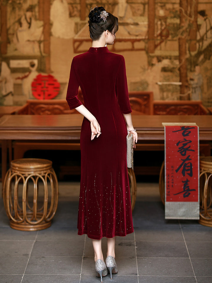 Red Purple Beads Velvet Midi Fishtail Cheongsam Qipao Dress