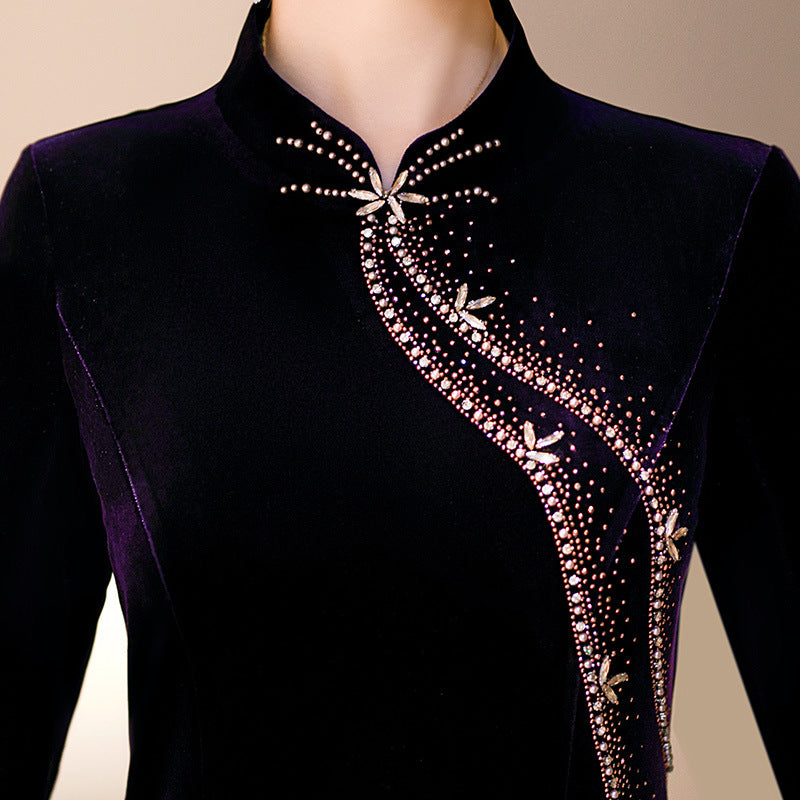 Red Purple Beads Velvet Midi Fishtail Cheongsam Qipao Dress