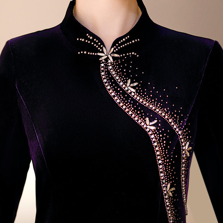 Red Purple Beads Velvet Midi Fishtail Cheongsam Qipao Dress