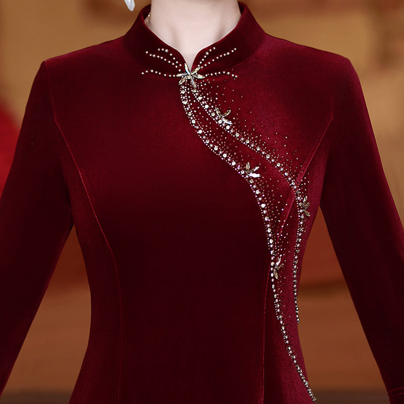 Red Purple Beads Velvet Midi Fishtail Cheongsam Qipao Dress
