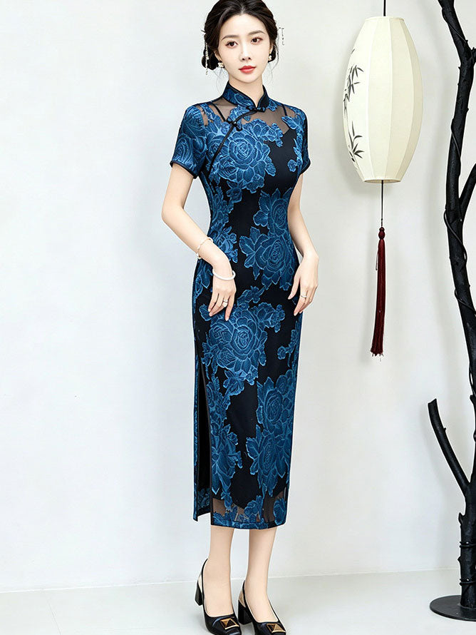 Red Blue Jacquard Floral MaxiCheongsam Qipao Dress