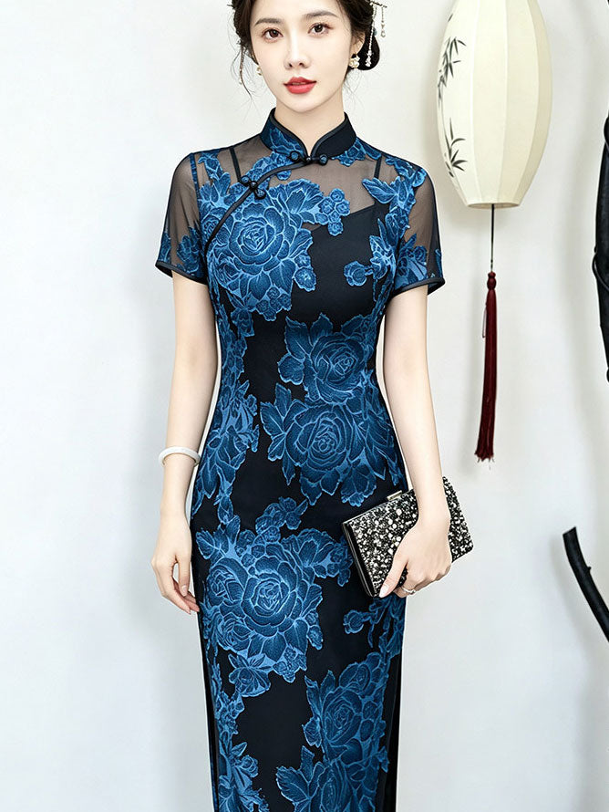 Red Blue Jacquard Floral MaxiCheongsam Qipao Dress