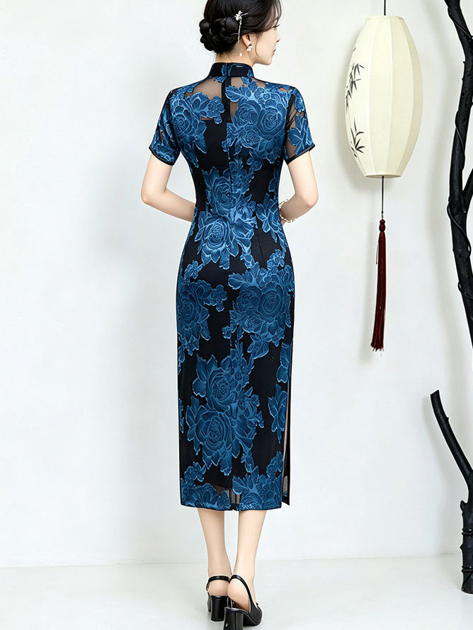 Red Blue Jacquard Floral Maxi Cheongsam Qipao Dress