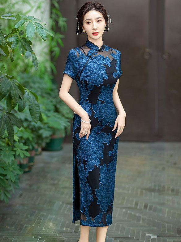 Red Blue Jacquard Floral MaxiCheongsam Qipao Dress