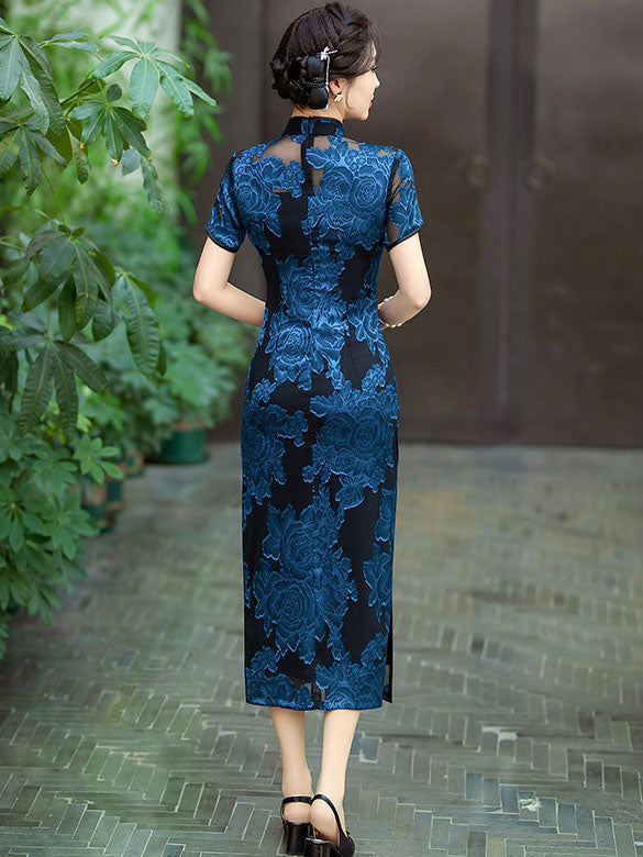 Red Blue Jacquard Floral Maxi Cheongsam Qipao Dress
