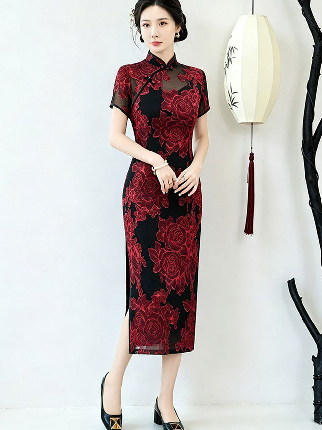 Red Blue Jacquard Floral MaxiCheongsam Qipao Dress