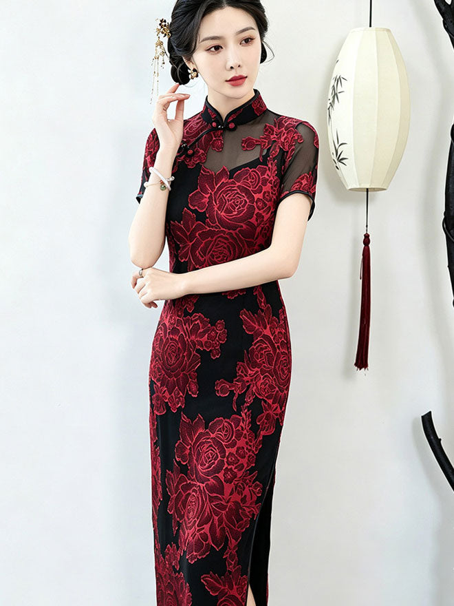 Red Blue Jacquard Floral MaxiCheongsam Qipao Dress