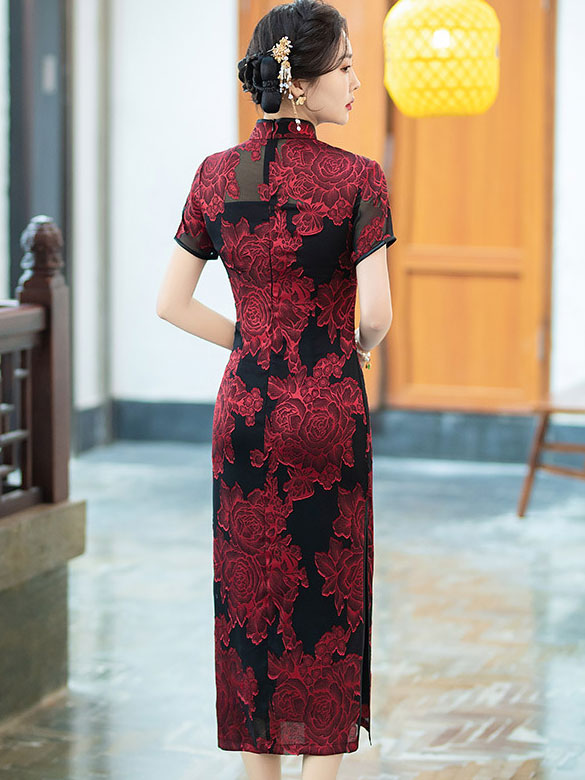 Red Blue Jacquard Floral MaxiCheongsam Qipao Dress
