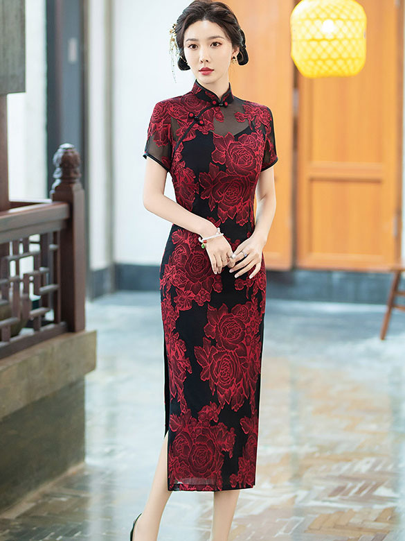 Red Blue Jacquard Floral MaxiCheongsam Qipao Dress
