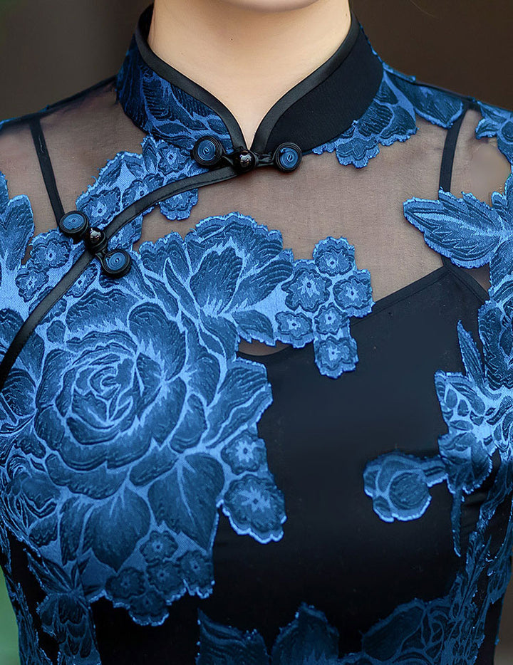 Red Blue Jacquard Floral MaxiCheongsam Qipao Dress