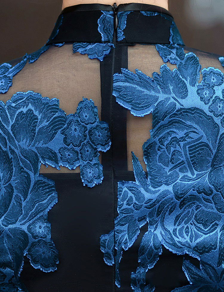 Red Blue Jacquard Floral MaxiCheongsam Qipao Dress