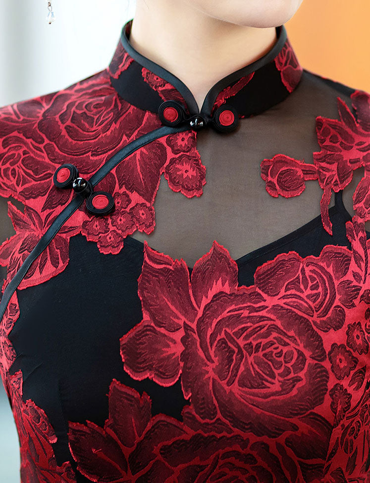 Red Blue Jacquard Floral MaxiCheongsam Qipao Dress