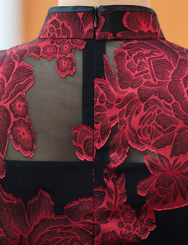 Red Blue Jacquard Floral MaxiCheongsam Qipao Dress