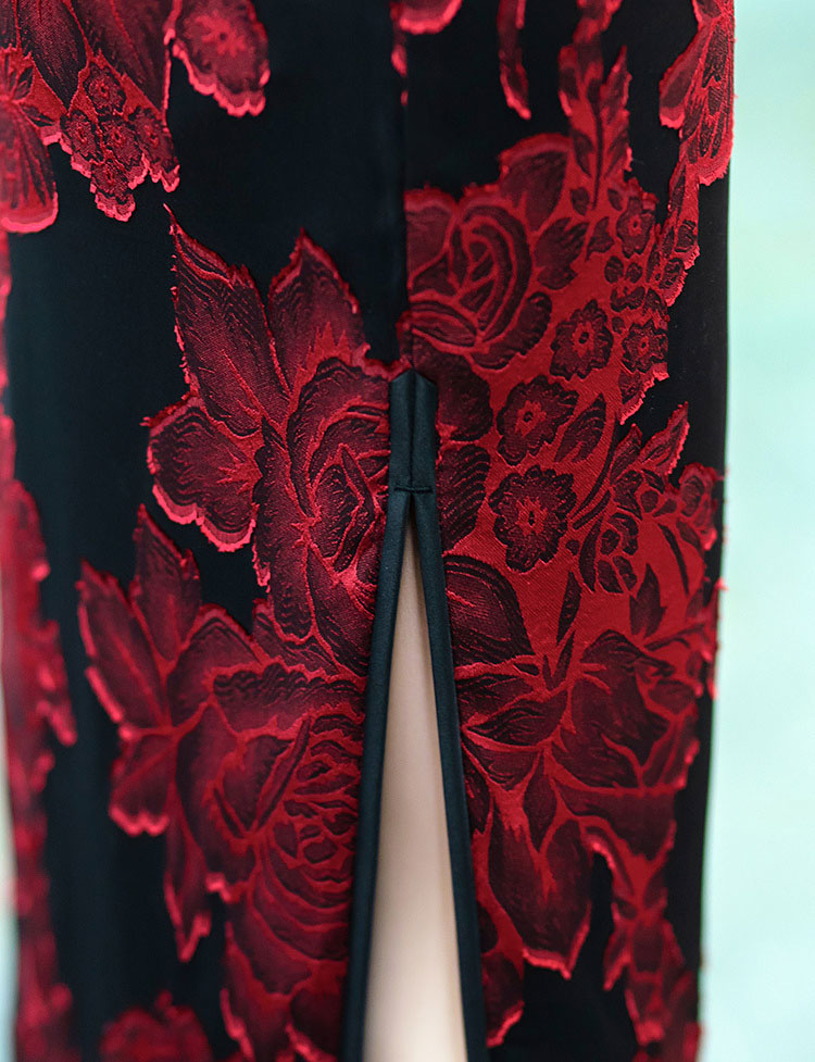 Red Blue Jacquard Floral MaxiCheongsam Qipao Dress