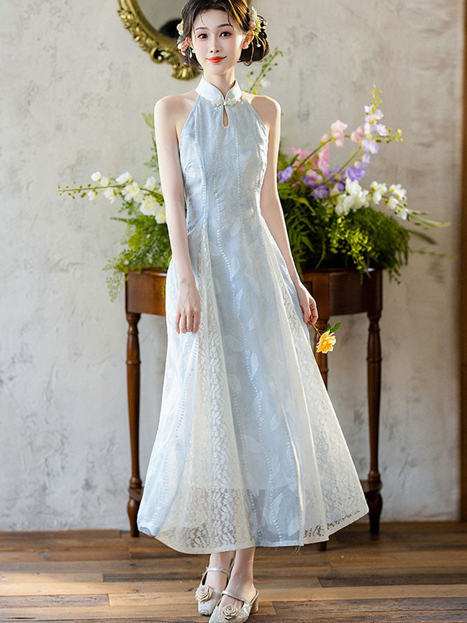 Blue Halter Collar A-line Maxi Cheongsam Qipao Dress