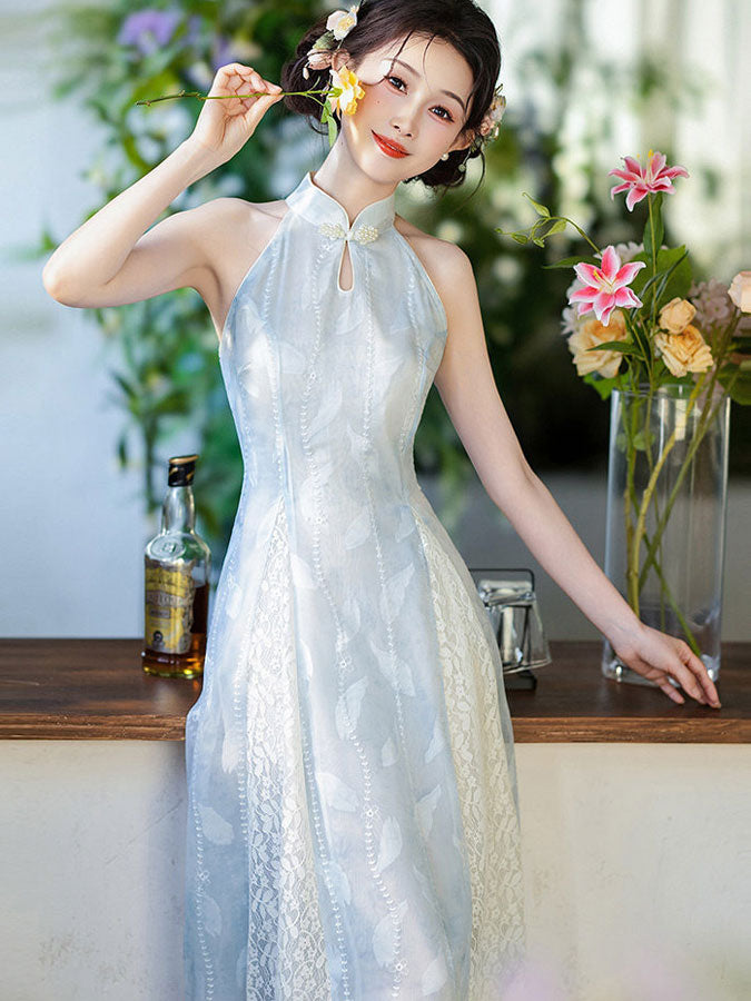 Blue Halter Collar A-line Maxi Cheongsam Qipao Dress