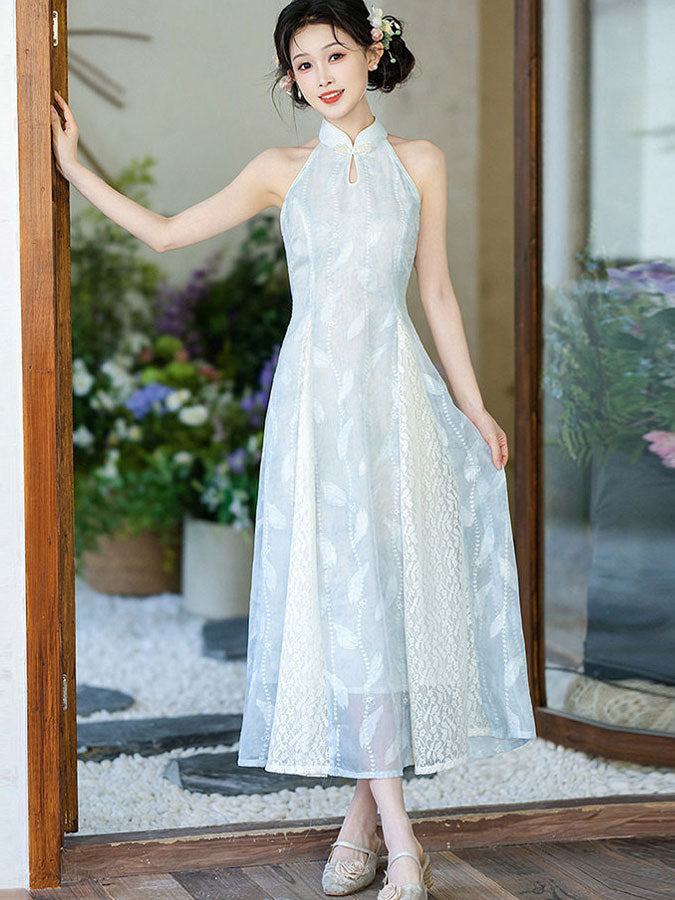 Blue Halter Collar A-line Maxi Cheongsam Qipao Dress