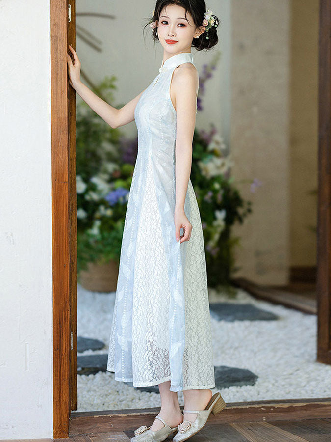 Blue Halter Collar A-line Maxi Cheongsam Qipao Dress