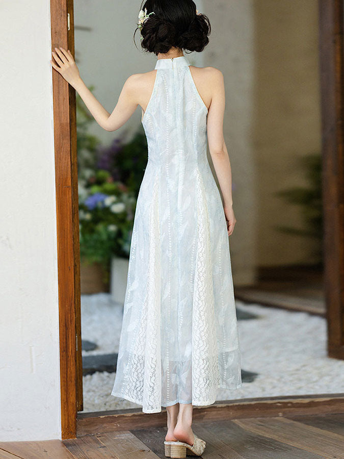 Blue Halter Collar A-line Maxi Cheongsam Qipao Dress