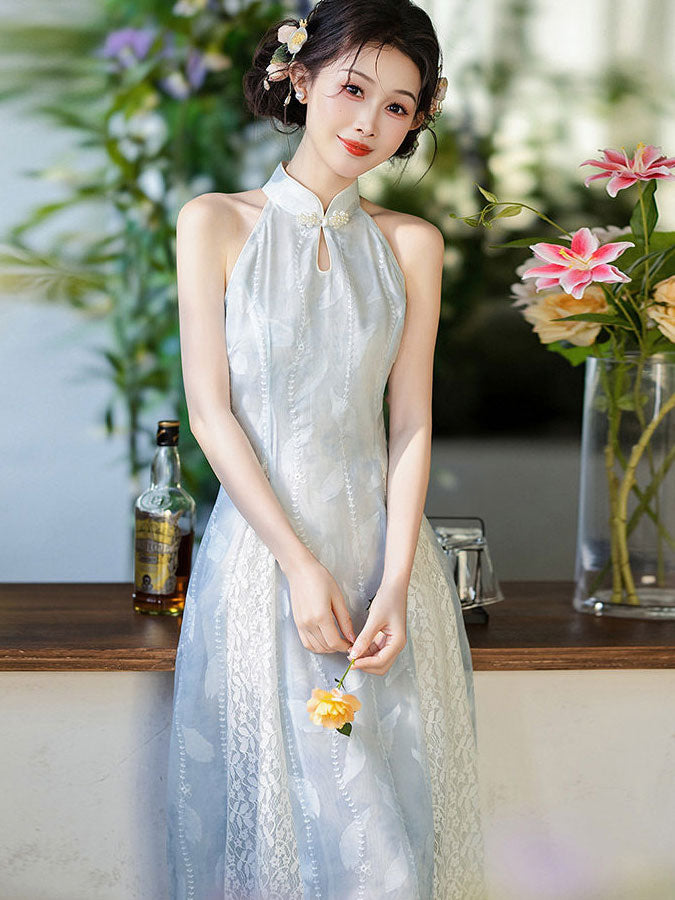 Blue Halter Collar A-line Maxi Cheongsam Qipao Dress
