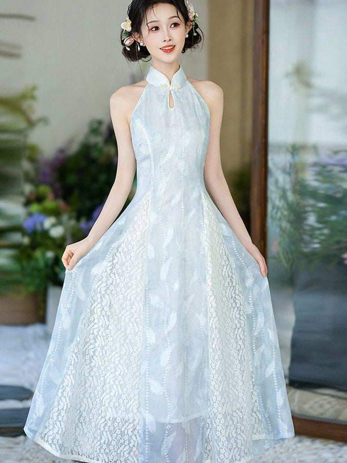 Blue Halter Collar A-line Maxi Cheongsam Qipao Dress