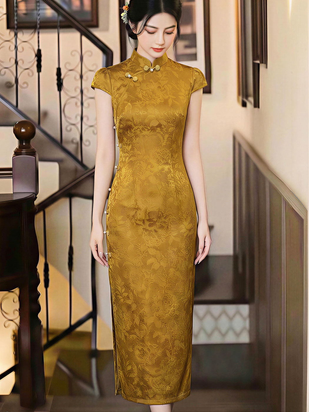 Gold Jacquard Midi Cheongsam Qipao Dress