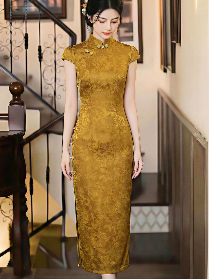 Gold Jacquard Midi Cheongsam Qipao Dress