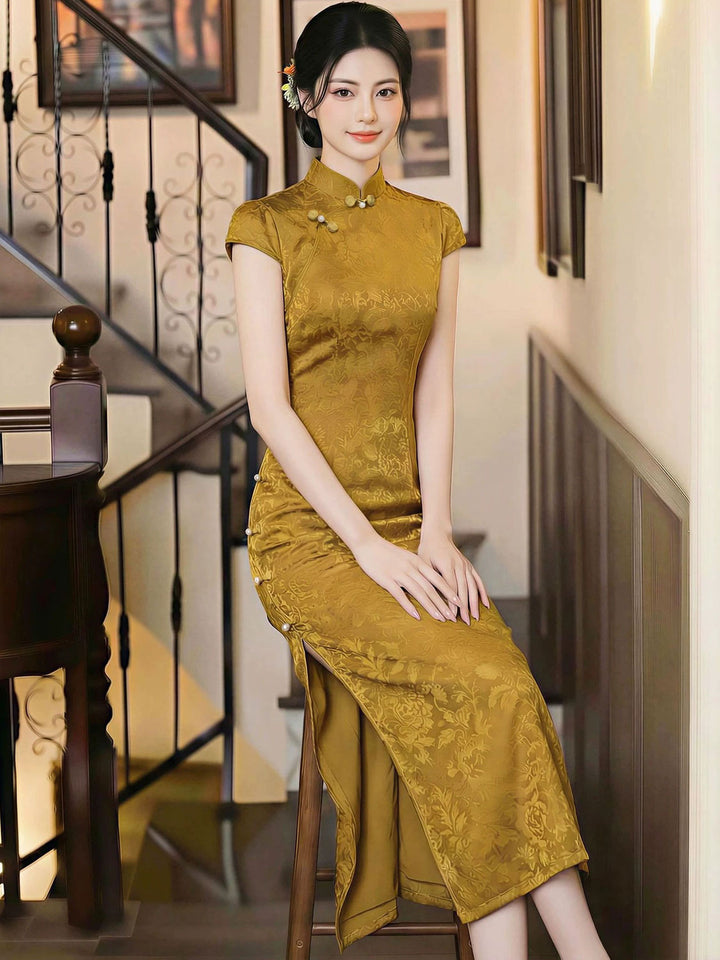 Gold Jacquard Midi Cheongsam Qipao Dress