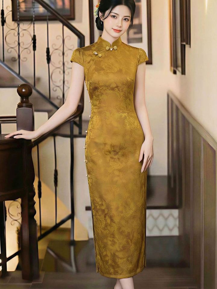 Gold Jacquard Midi Cheongsam Qipao Dress