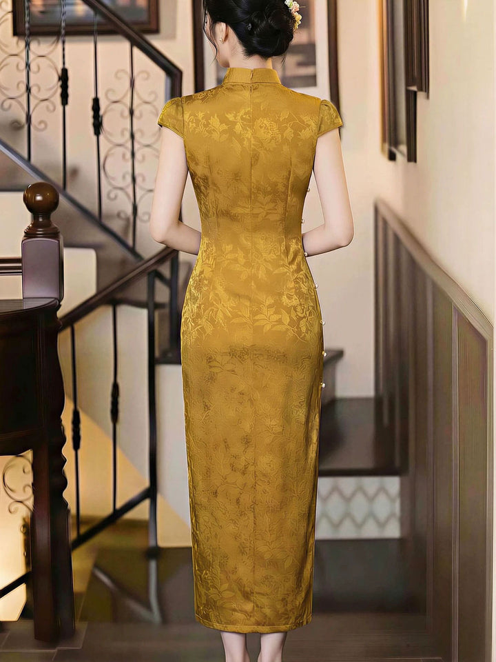 Gold Jacquard Midi Cheongsam Qipao Dress