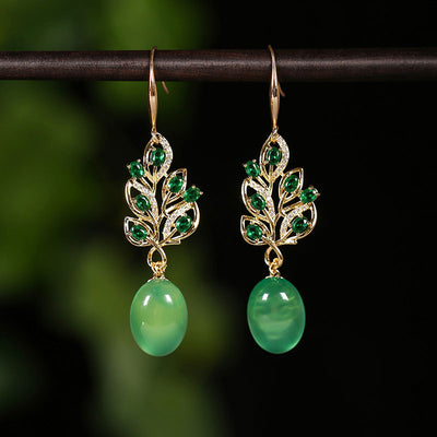 Vintage Green Agate Crystal Drop Dangle Earrings