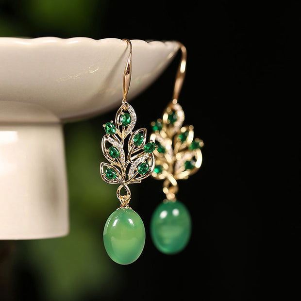 Vintage Green Agate Crystal Drop Dangle Earrings