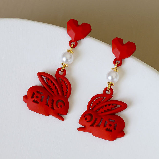 Chinese Zodiac Heart Rabbit Clip On Pierced Drop Dangle Earrings