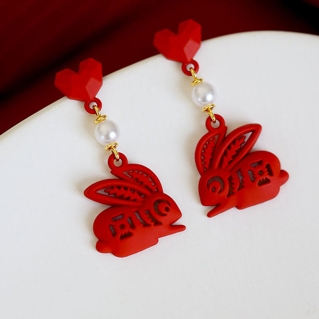 Chinese Zodiac Heart Rabbit Clip On Pierced Drop Dangle Earrings