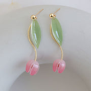 Tulip Flower Dangle Drop Clip On Pierced Earrings