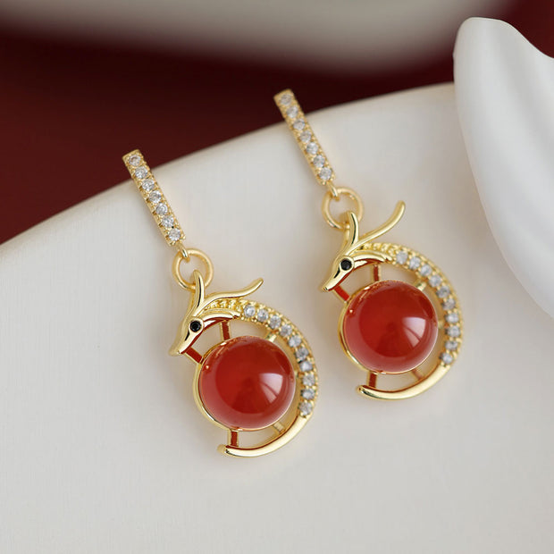 Chinese Zodiac Zircon Dragon Agate Dangle Drop Earrings