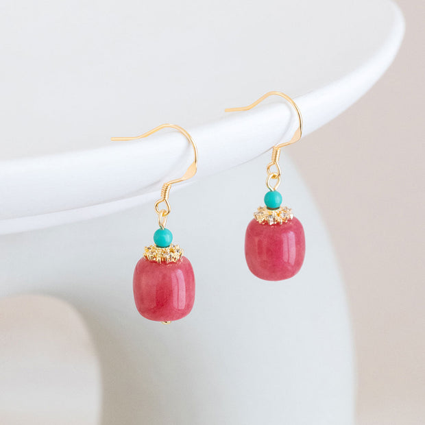 Red Jade Dangle Drop Clip On Pierced Earrings