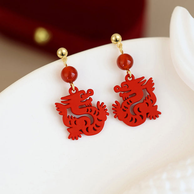 Chinese Zodiac Red Dragon Clip On Pierced Dangle Earrings