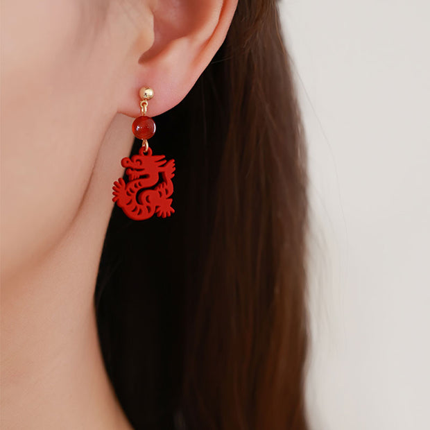 Chinese Zodiac Red Dragon Clip On Pierced Dangle Earrings