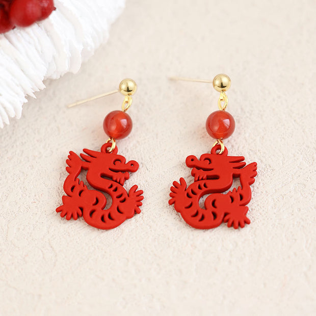 Chinese Zodiac Red Dragon Clip On Pierced Dangle Earrings