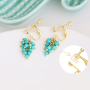 Blue Turquoise Grapes Dangle Drop Clip On Pierced Earring