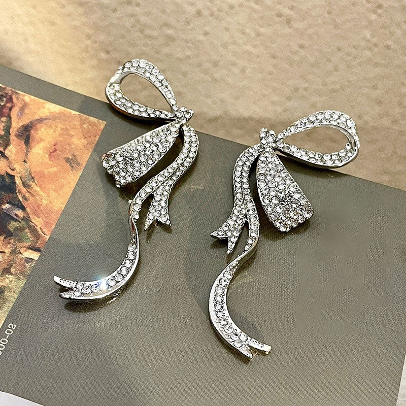 Exaggerated Big Rhinestone Butterfly Knot Stud Earrings