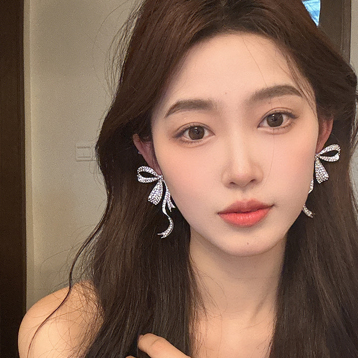 Exaggerated Big Rhinestone Butterfly Knot Stud Earrings